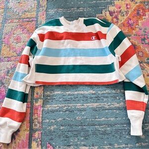 Champion Cropped Striped Sweatshirt - White, Green, Red, Light Blue